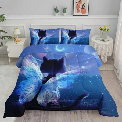 Roupa de cama completa para gatos borboleta, conjunto de edredom para gatos de desenho animado, estrelas da lua espaço impresso... - Imagem 1 de 4