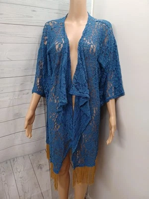 LuLaRoe Monroe Womens Blue L Short Sleeve Sheer Fringe Cardigan Floral Kimono - Image 1 of 4