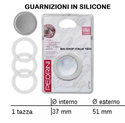PEDRINI 3 PEZZI GUARNIZIONE 1 TAZZA IN SILICONE + FILTRO PER CAFFETTIERA MOKA 2025