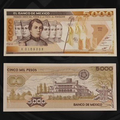 ​🇲🇽 1987 Mexico 5000 Pesos Banknote, Niños Héroes (Cadets), Chapultepec Castle - Image 1 of 3