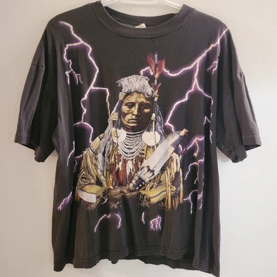 Vintage American Thunder Native American Chief Lighting T-Shirt Size XL AOP - Image 1 of 4
