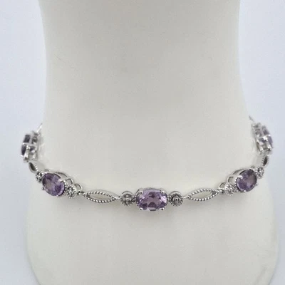 7.75" 925 Sterling Silver Oval Light Purple Amethyst & Bead Accent Bracelet - Image 1 of 4