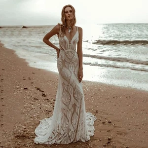 Lace V Neck Beach Mermaid Wedding Dresses Spaghetti Straps Backless Bridal Gowns - Picture 1 of 8