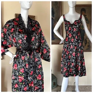 Vintage 80s/90s Moody Goth Vamp Black Floral Nightgown & Robe Set M - Picture 1 of 11