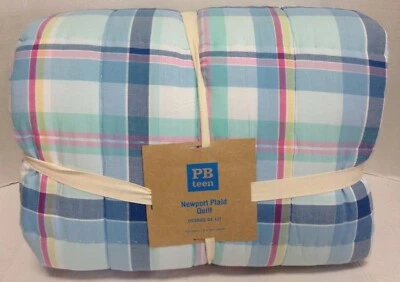 PB TEEN Pottery Barn Teen Newport Plaid Bed Quilt F/Q full queen cover bedspread blue