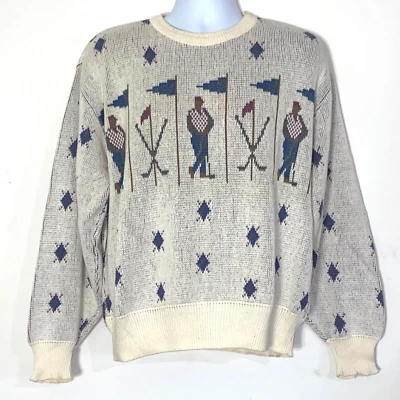 Isle Of Cotton Sweater Mens Large Argyle All Over Golf Print Boxy 90s Knit - Image 1 of 3