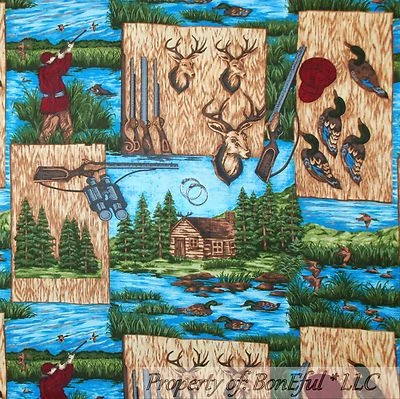 BonEful Fabric FQ Cotton Quilt Log Cabin Camp Lake Water Fish Duck Deer VTG Hunt - Image 1 of 4
