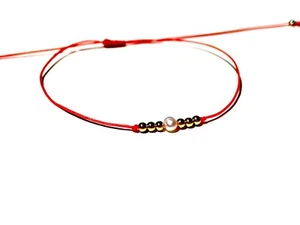 Single Pearl Bracelet dainty with gold beads on thin red string Handmade - Picture 1 of 5