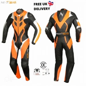 Men's Motorbike Racing Orange 1 piece Motorcycle Suit Cowhide Leather CE Armors - Picture 1 of 4