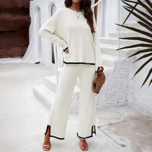 Lady 2 Piece Knit Sweater Set Long Sleeve Pullover Wide Leg Pants Outfit Fashion - Picture 1 of 28