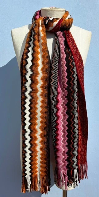 Missoni Women's Zig Zag Knit Neck Scarf Multicolor Fringe Wool Italy