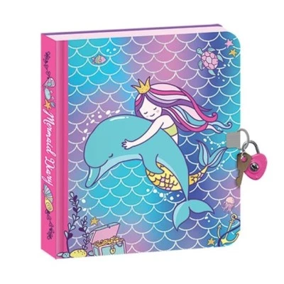 PAPER HOUSE PH Lock + Key Diary Mermaid Dolphin Hard Cover Blue Pink Foil Accents on Pages