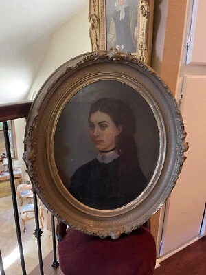 Pintura de retrato antigua - óleo a bordo del siglo XIX - ID como Sarah Roscoe Barbour Foto 1 de 4