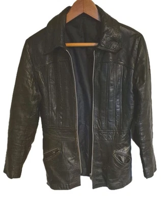 VINTAGE 70S SPINNEY Black Real Leather Jacket Coat UK 12 Mod Retro Longline - Image 1 of 4