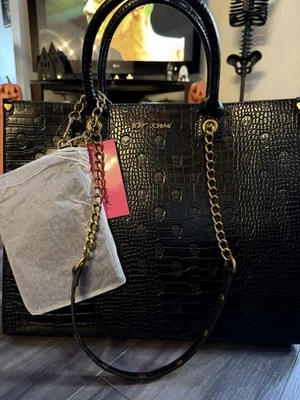 Betsey Johnson Black Croc Skull Embossed Tote Bag with Chain Strap & Pouch - Image 1 of 4