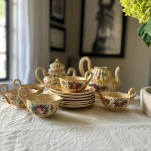 Vintage Mid Century Majolica Tea Coffee Set Rose Floral Italy Capodimonte 14pc - Picture 1 of 22