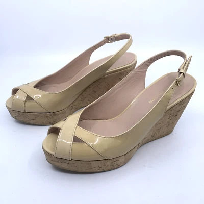 Stuart Weitzman Size 6.5M Adobe Nude Wedge Sandal Cork Peep Toe Slingback Patent - Image 1 of 4