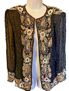 Vintage Sweelo Beaded Silk Chiffon Jacket Black Gold Multi Party  Small - Picture 1 of 5