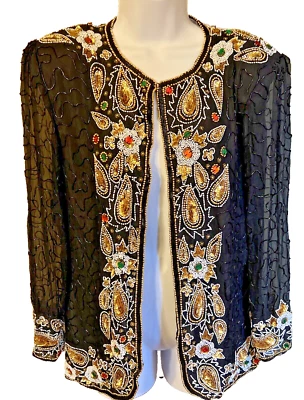Vintage Sweelo Beaded Silk Chiffon Jacket Black Gold Multi Party  Small - Image 1 of 4