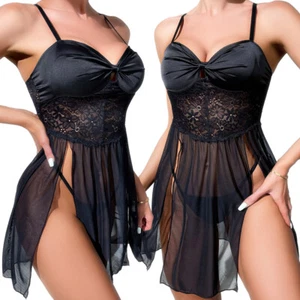 Conjunto de vestido babydoll de encaje satinado para mujeres lencería sexy quimises ropa para dormir - Imagen 1 de 11