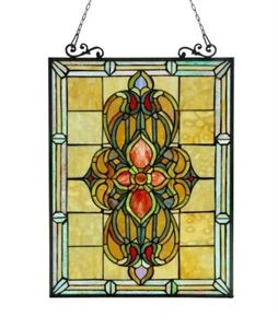 25" x 18" Stained Glass Window Panel Victorian Medallion Suncatcher - Picture 1 of 5