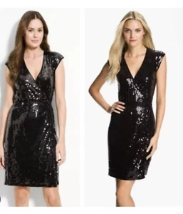ABITO NUOVO CON ETICHETTE MICHAEL KORS NERO PAILLETTES AVVOLGENTE TAGLIA M - Foto 1 di 8