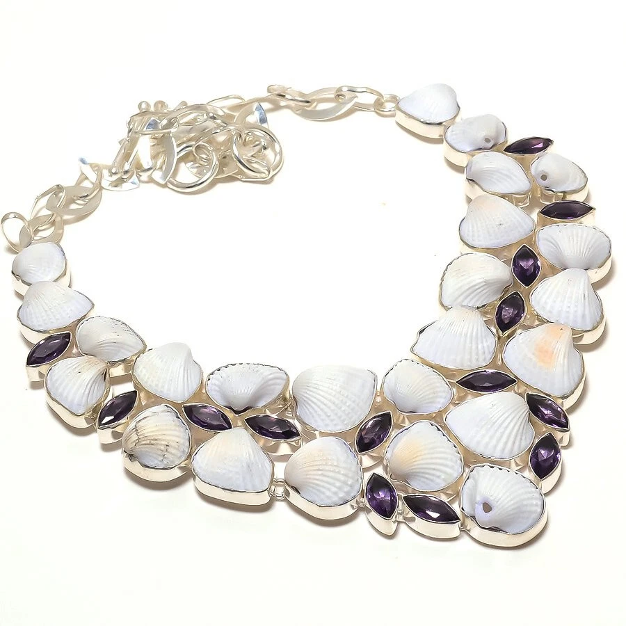 Collar distintivo enchapado en plata concha de ostra de piedras preciosas de amatista joyería 18" Foto 1 de 1