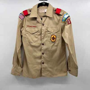 Vintage Boy Scouts Khaki Button Down With Patches #35 Boys Size 14 USA Flag  - Picture 1 of 9
