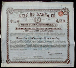 City of Santa Fe Argentine Governm Loan 25 £ Bond to Bearer 1906 unentw. +Kupons - Bild 1 von 7