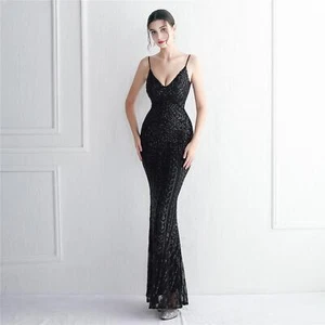 Floral Suspender Evening Sequin Dress Long Banquet Slim Fit Dress Fishtail Skirt - Picture 1 of 10