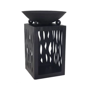 Feuerschale auf Säule mit Holzfach schwarz 68cm Feuerkorb Grillschale - Bild 1 von 2