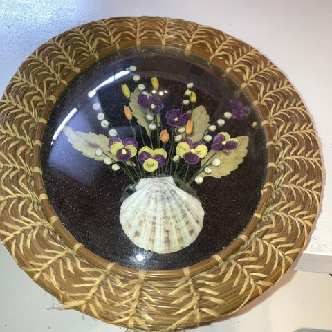pine needle basket  Frame domed Glass Sea Shell Floral 10x8"  hang loop Antique Cover