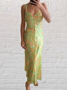 Bnwot ASOS lime green orange retro floral 70’s satin midi Midaxi dress Size 4 6 - Picture 1 of 6