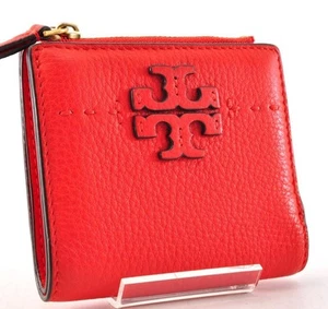 TORY BURCH Leather Bifold Wallet Red Compact 11×10 cm Genuine Luxury - Picture 1 of 15