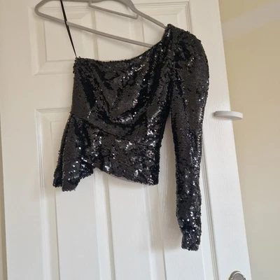 River Island One Shoulder Sequin Puffed Shoulder Top Size 6 - Image 1 of 2