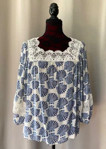 Blusa para mujer ZAC & RACHEL Top azul conchas marinas con ribete de tapete L - Imagen 1 de 3