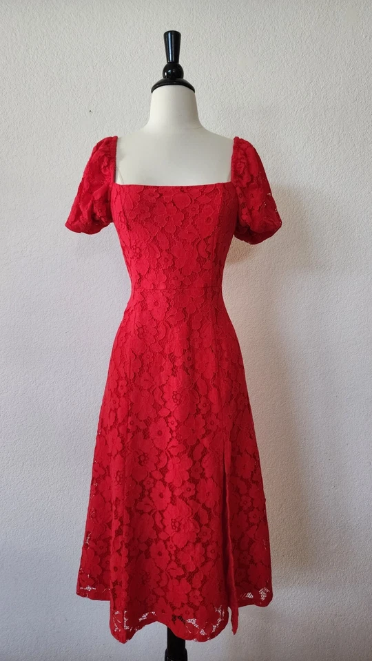 Vestido Anthropologie Midi Nuevo Talla Pequeña Rojo Floral Encaje Vacaciones San Valentín Elegante Foto 1 de 4