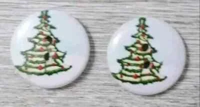 christmas tree wood sewing buttons 2 holes 1/2 inch blue green 2pc - Image 1 of 2