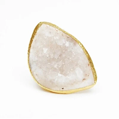 Large Clear Druzy Quartz Crystal Natural Stone Gold Ring - Image 1 of 4