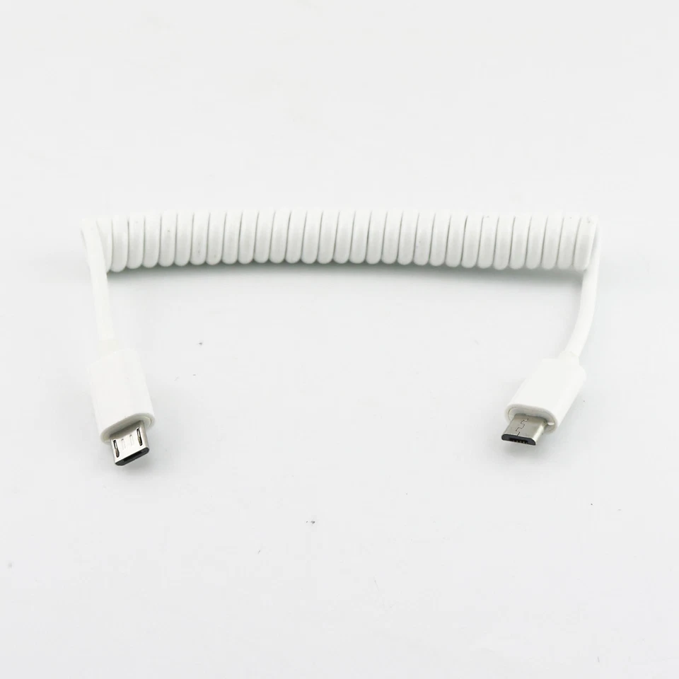 3FT Micro USB B 5 Pin To Micro USB B 5Pin Male Spiral Coiled Adapter Cable White - Image 1 of 1