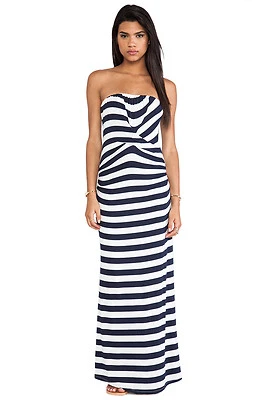 NUEVO CON ETIQUETAS MAXI VESTIDO ELLA MOSS Azul Isla Rayas Sin Tirantes BLANCO/AZUL MARINO TALLA L W0409 Foto 1 de 4