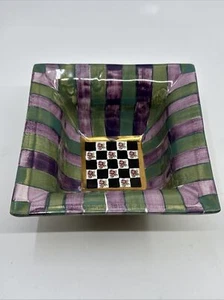 Mackenzie Childs Kelp & Urchin 6” Square Bowl Green Purple Stripe Rose Flowers - Picture 1 of 8