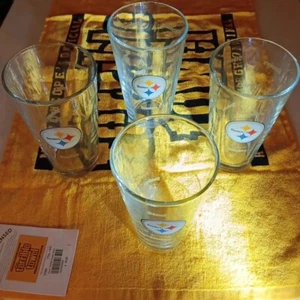 PITTSBURGH STEELERS NFL PINT DRINKING GLASSES ETCHED SET OF 4 & TERRIBLE TOWEL - Picture 1 of 15