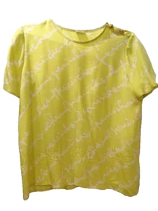CHANEL Lime Green & White Graffiti 100% Silk Short Sleeve Blouse, Size 44/12 US - Picture 1 of 5