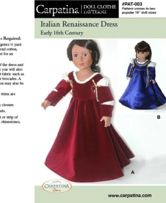 Renaissance Dress Printed Pattern Sized For 18" American Girl & Carpatina Dolls - Image 1 of 4