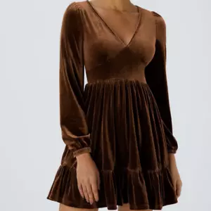 Halara Brown Velvet Deep V Neck Long Sleeve Ruffle Hem Dress Size Large 12 - Picture 1 of 9