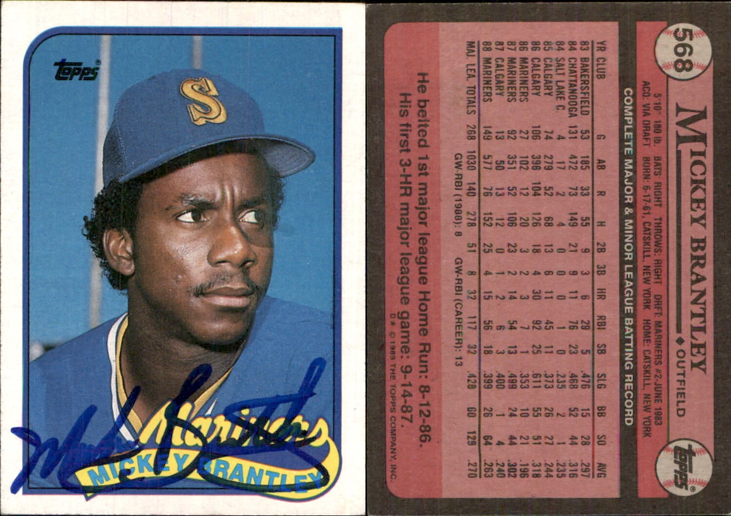 Mickey Brantley Signed 1989 Topps #568 Card Seattle Mariners Auto AU