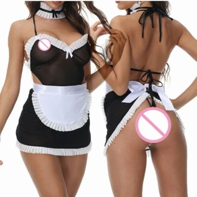 Sexy Women Mesh See Through French Maid Uniforms Fancy Dress Outfit Set Costume  - Image 1 of 4