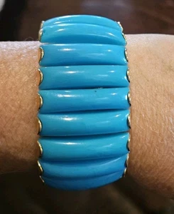 Aqua Blue Bars and Gold Plated Stretch Bracelet - Picture 1 of 2