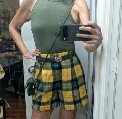 Hirsch De Colección Talla 6 Amarillo Tartán Cuadros Lana Virgen Tiro Alto Preppy Corto Clueless Foto 1 de 4
